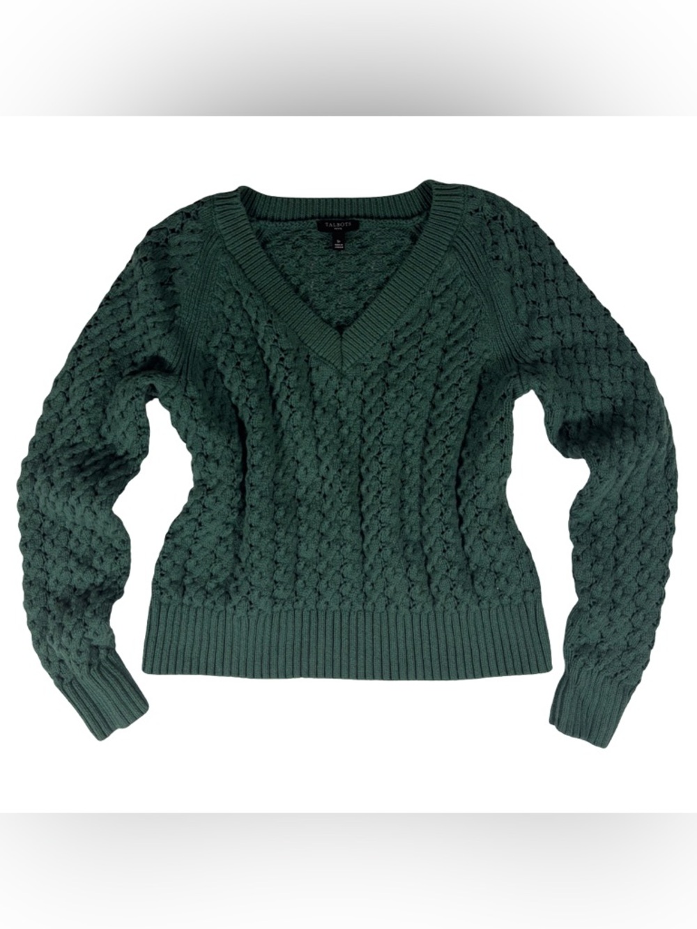 Talbots Petite Women’s Small Green Cable Knit Sweater V Neck Cottagecore Cozy